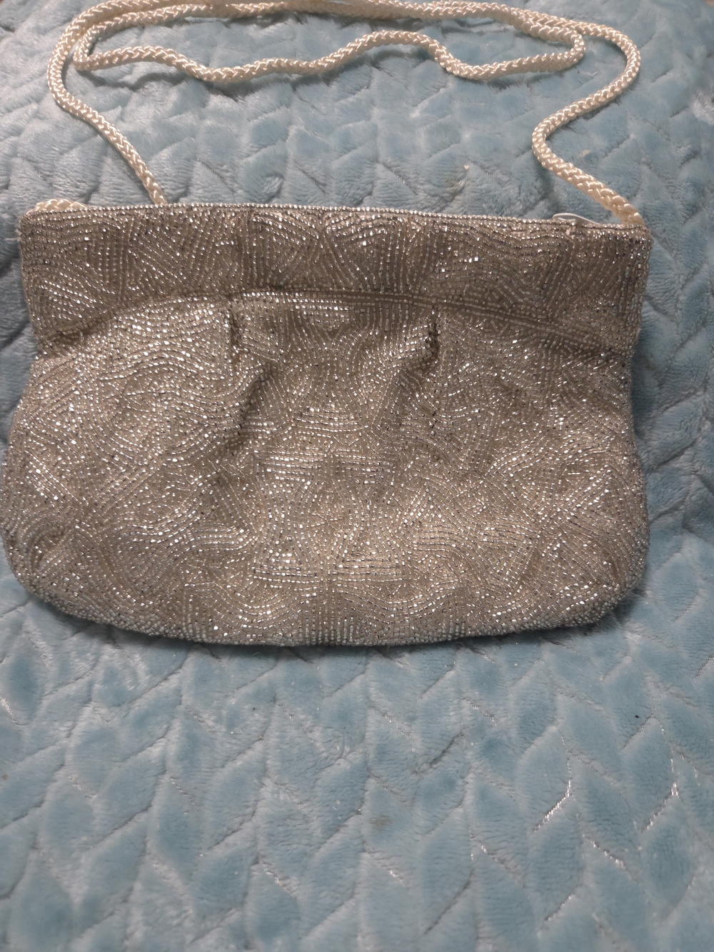 Vintage Bechamel Silver Beaded Evening Crossbody Bag - Elegant Sparkle